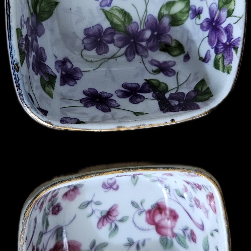 Vintage small Floral Ceramic Bowls with Purple and Pink Flowers on the bottom.